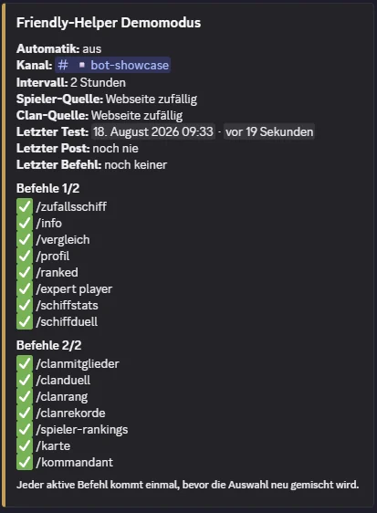 Statusübersicht des ausgeschalteten Friendly-Helper-Demomodus mit Kanal, Intervall, Quellen und allen 15 aktivierten Befehlen.