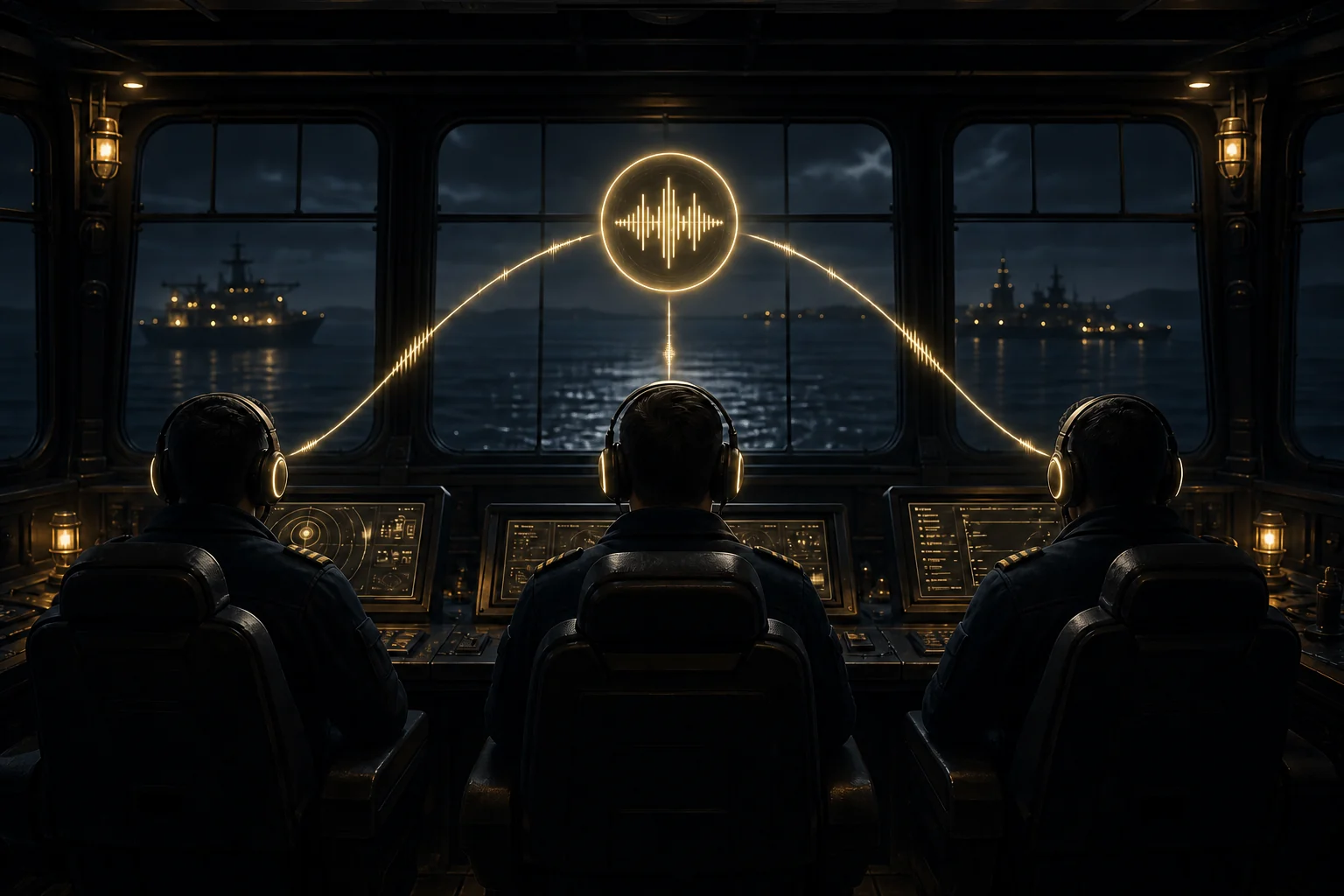 Drei verbundene Crew-Stationen mit Headsets in einem maritimen Kontrollraum.