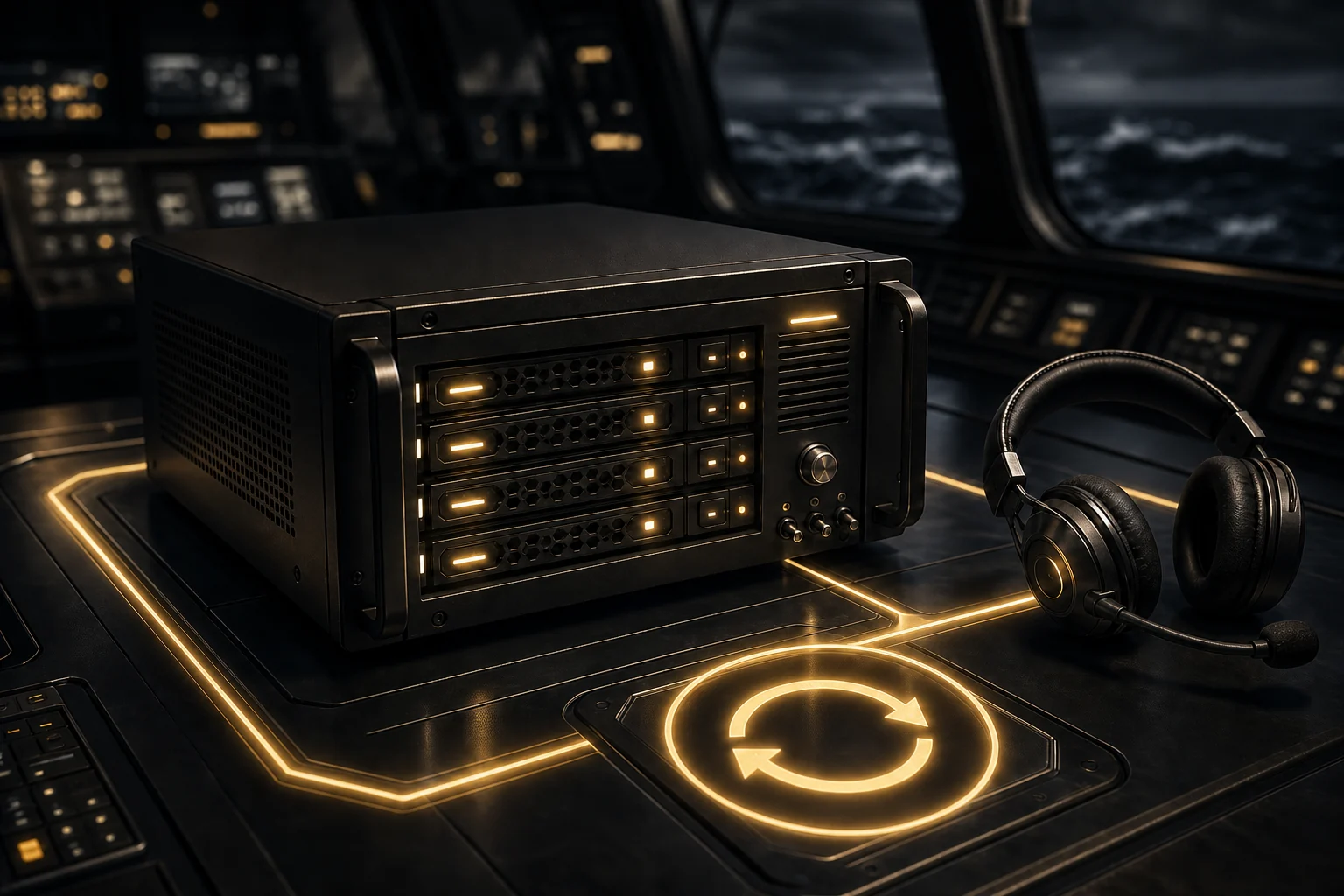 Kompakter Sprachserver mit Headset und leuchtendem Neustart-Symbol.